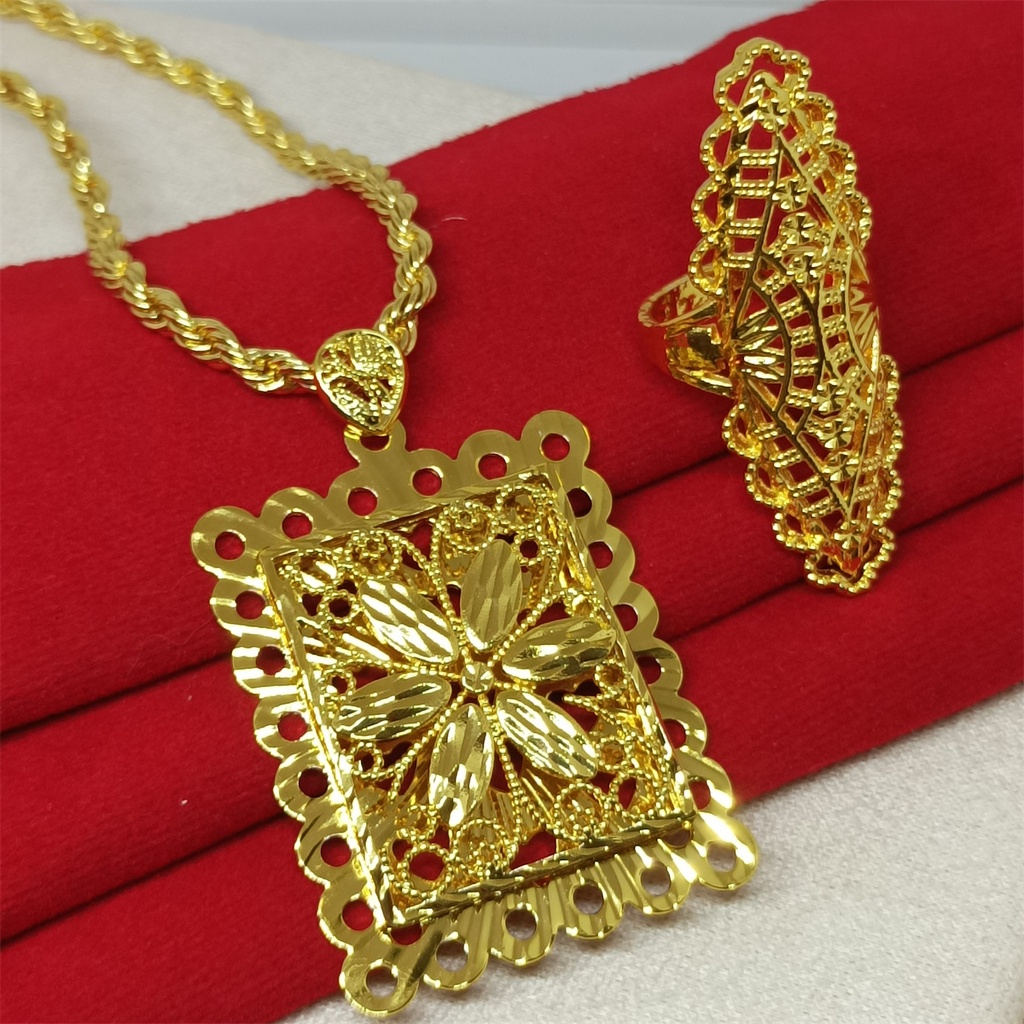 set kalung+cincin perhiasan laki-laki tembaga 24k gold