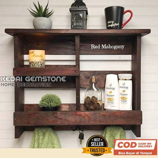 Rak Gantung Serbaguna Tempel Dinding Kamar Mandi Tempat Makeup Sabun Gantungan Handuk Kayu Murah