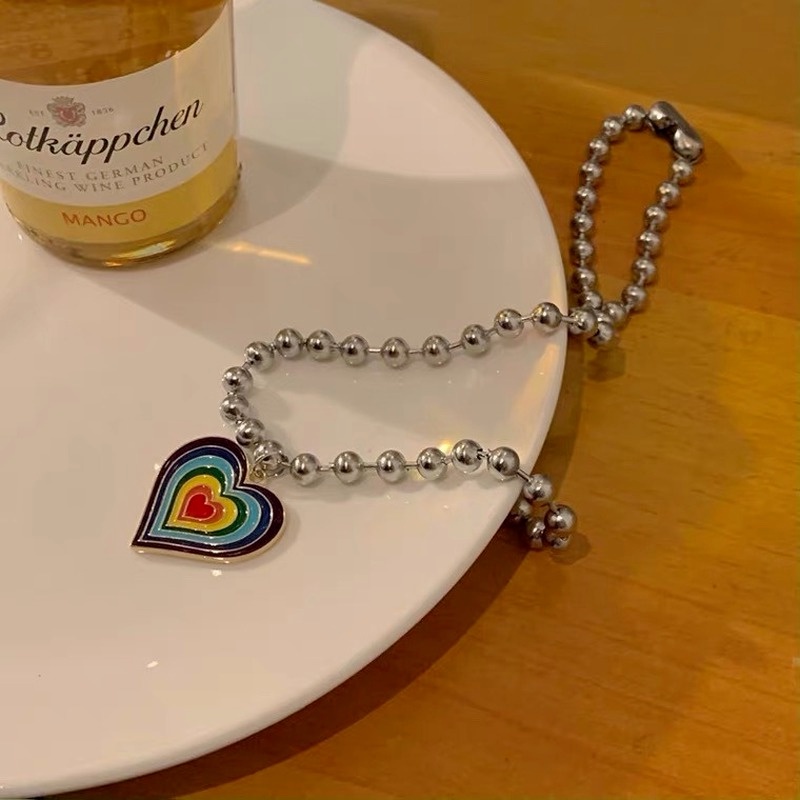 KALUNG TITANIUM WANITA KOREA LIONTIN MOTIF LOVE RAINBOW FASHION AKSESORIS PERHIASAN ANTI KARAT KLG42