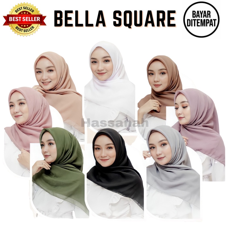 Bella Square Polos Premium Hijab Segi Empat Polos - Jilbab Muslim Bela Squer Kerudung Murah Bella Kerudung Terbaru - Warna Lengkap - Hassanah