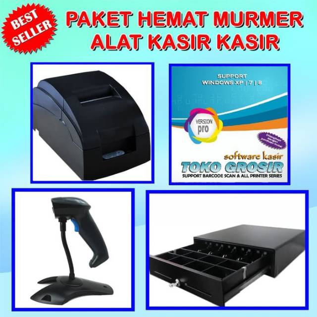 Paket lengkap alat kasir printer barcode scan cashdrawer software kasir minimarket swalayan kosmetik skincare dll