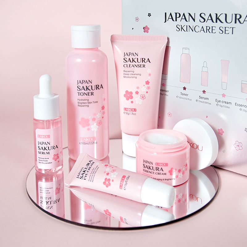 Free Gift LAIKOU Sakura Brightening Serum Cream Menghilangkan Bintik Gelap Toner Memudar Noda 5pcs