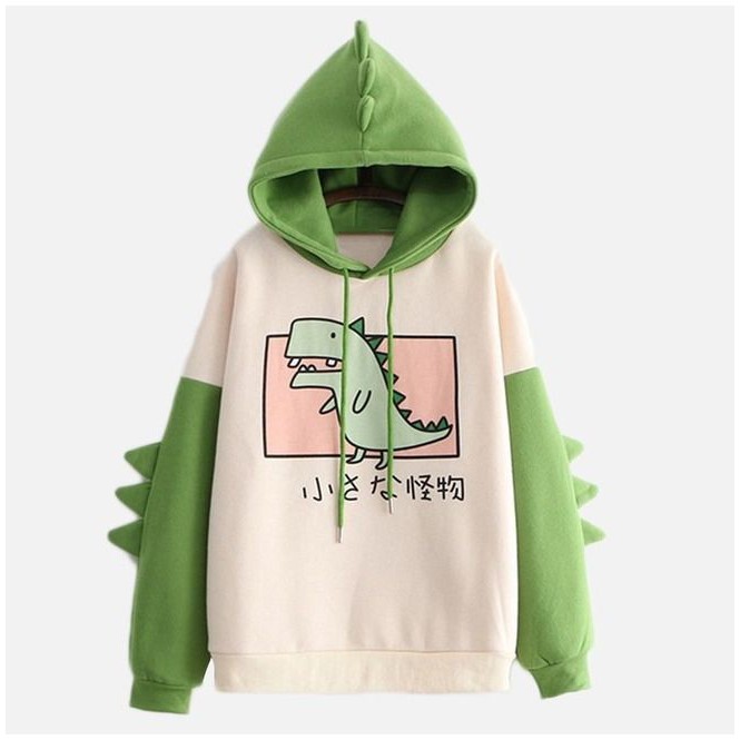 Sweater anak perempuan CUTE GREEN DINOSAURUS HOODIE sweter anak cewe trend