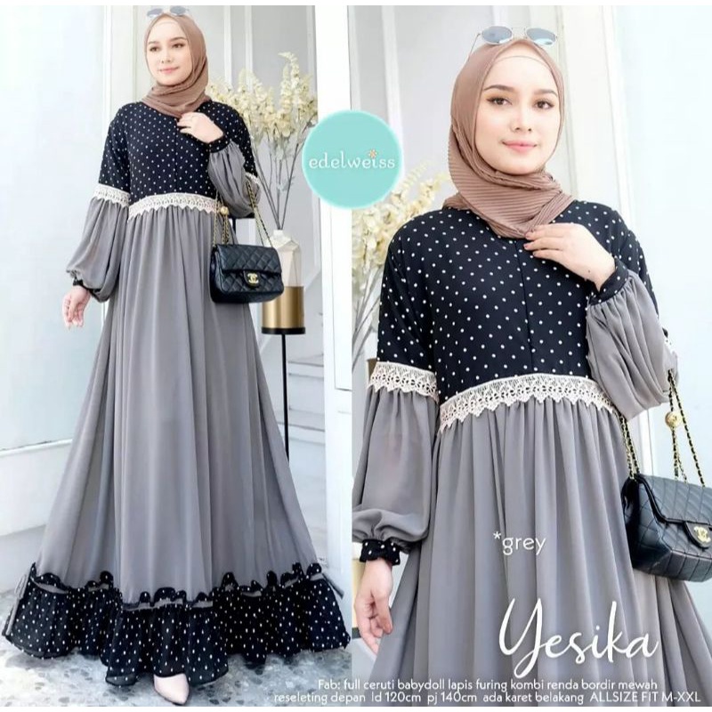 Dress Yesika Maxi Gamis Full Ceruti Babydol Lapis Furing Kombi Renda Bordir Mewah Adem Nyaman Dipakai