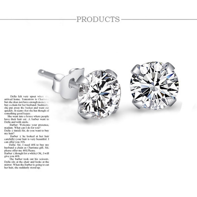 1Pair 925 Sterling Silver Zircon Four Claw Ear Studs Earrings For Women Silver