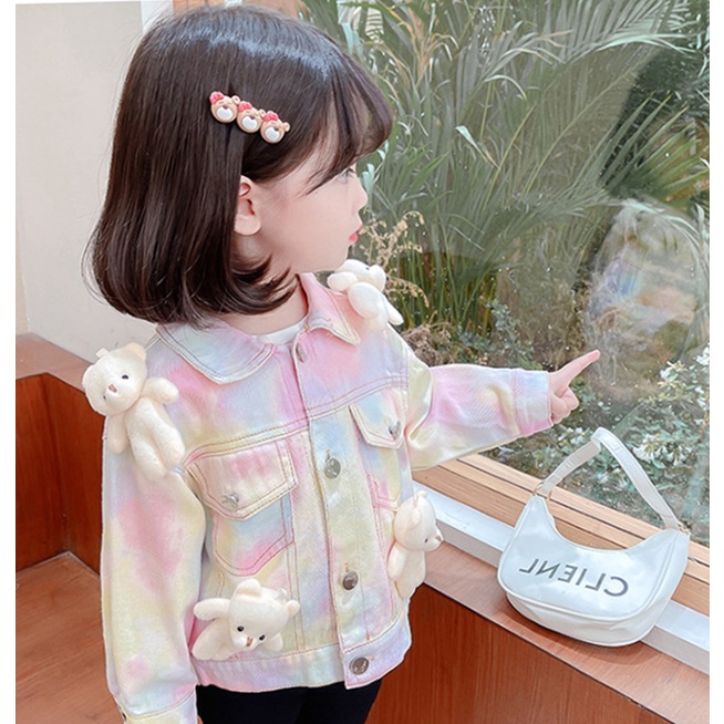 Jaket Jeans Denim Rainbow Dengan Boneka Bear Anak Perempuan Warna Warni Rainbow Pink Import Fashion Korea Sweater Hoodie Baju Hangat Lucu