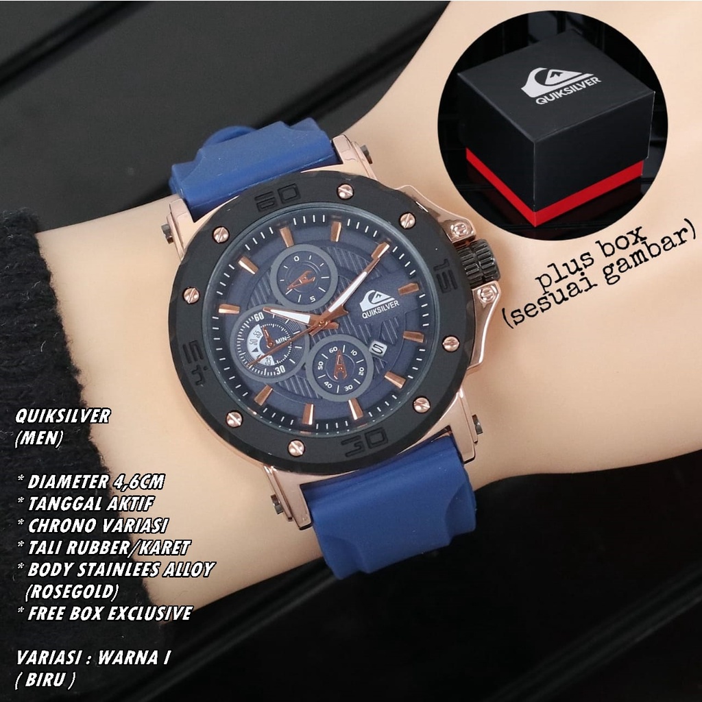 JAM TANGAN PRIA QUIKSILVER TALI RUBBER BODY BULAT TANGGAL AKTIF