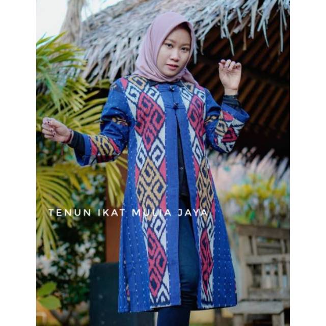 Long Outer batik tenun original busana muslim wanita navy