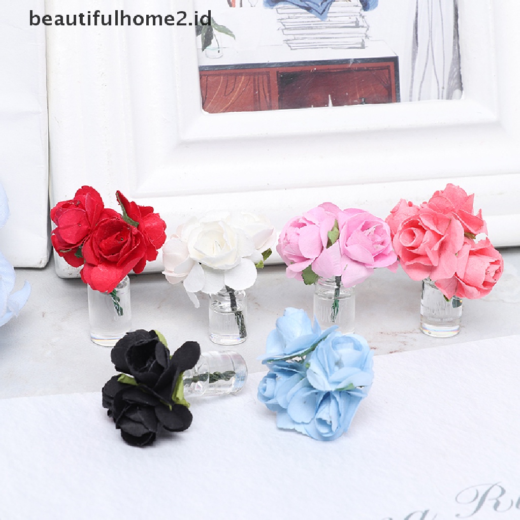 (beautifulhome2.id) Miniatur Botol Kaca Isi Bunga Mawar Skala 1: 12 Untuk Dekorasi Rumah Boneka