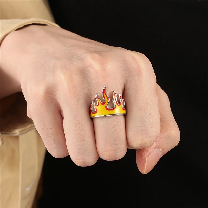 Cincin Model Terbuka Bahan Alloy Desain Api Kuning Gaya Punk Bohemia Hip Hop Adjustable Untuk Wanita Charms