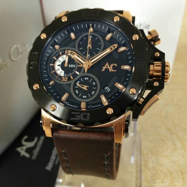 Jam tangan Laki-laki Alexandre Christie Collecttion original ac9205 rosgold black tali kulit