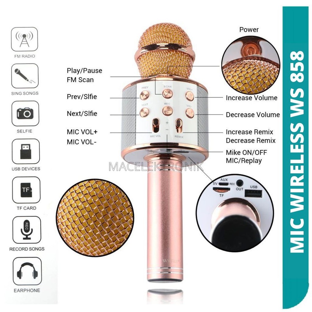 Mic Bluetooth WS-858 / Smule Wireless Karaoke Portable / WARNA RANDOM Mic Karaoke Mikrofon Original Wireless Bluetooth Mic Smule WSTER W-STER WS858 WS-858 WS 858