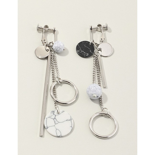 LRC Anting Jepit Fashion Silver Asymmetric Tassel Geometric Round Turquoise K51499
