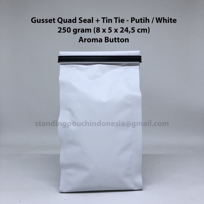 

TERBARU Kemasan Kopi Gusset Quad Seal 250 g (TIN TIE + VALVE) PUTIH *PREMIUM*