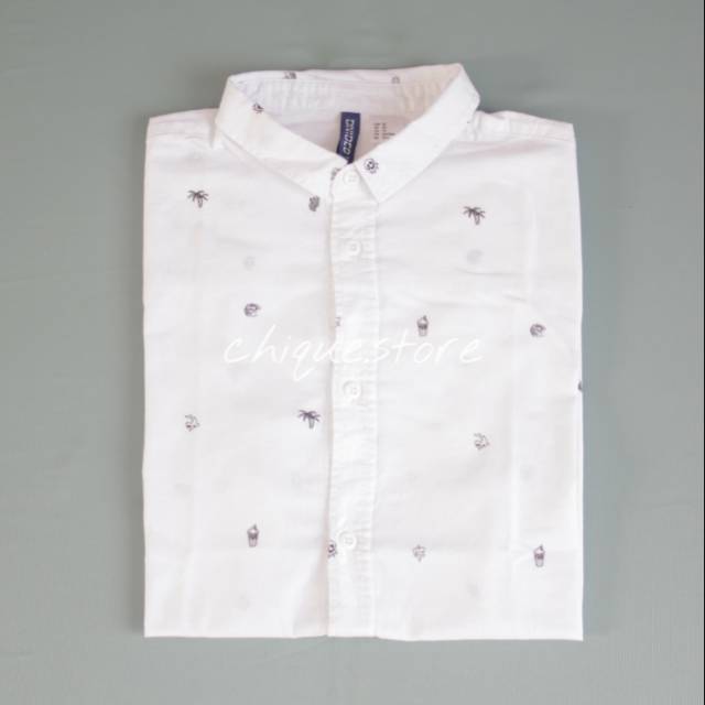 Kemeja H*M Pria Pattern Cotton Shirt White Palm Trees And Smile Short Sleeve Original Murah