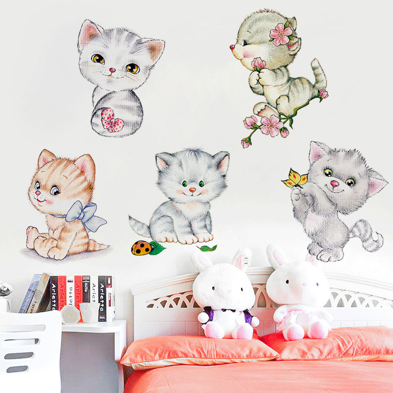 Stiker Dinding Bahan Pvc Motif Kartun Hewan Kucing Untuk Dekorasi Kamar Anak