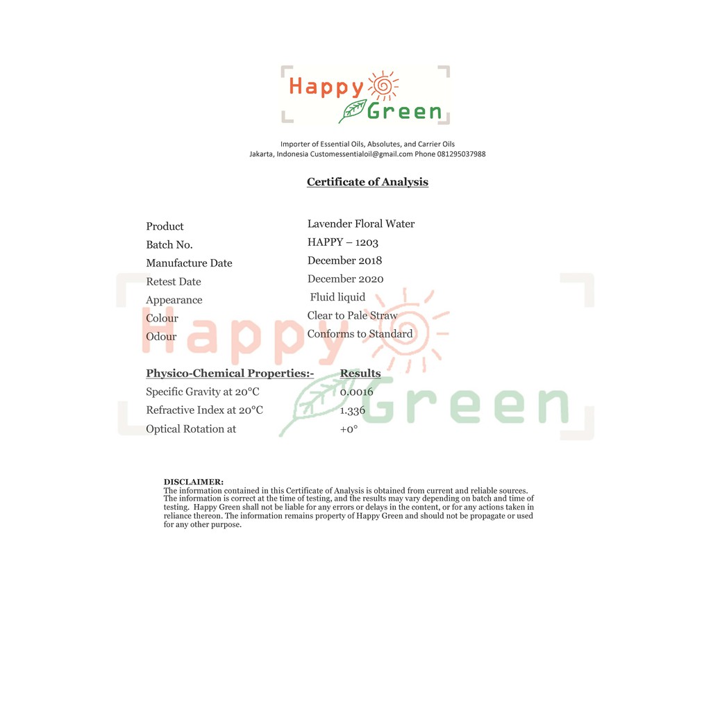 Happy Green Lavender Floral Water - Air Bunga Lavender Hydrosol Distillate