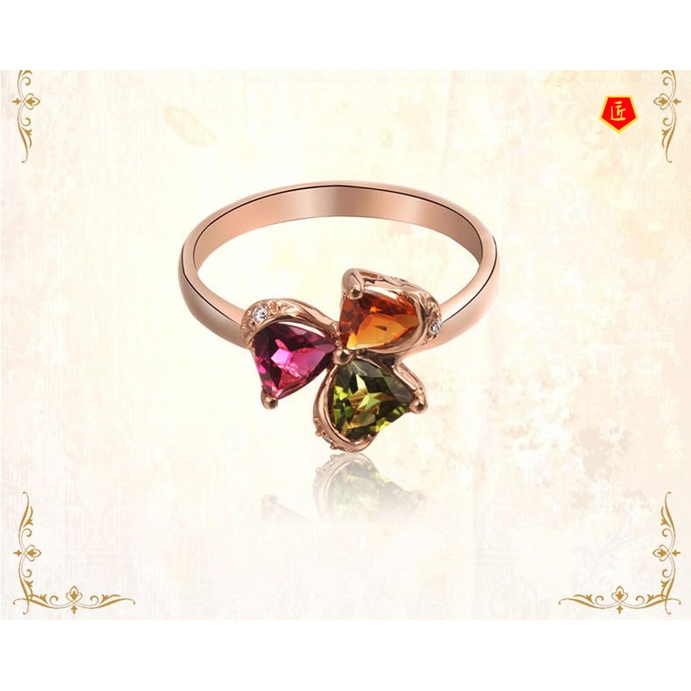 [Ready Stock]Elegant Personality Clover Colorful Gemstone Ring