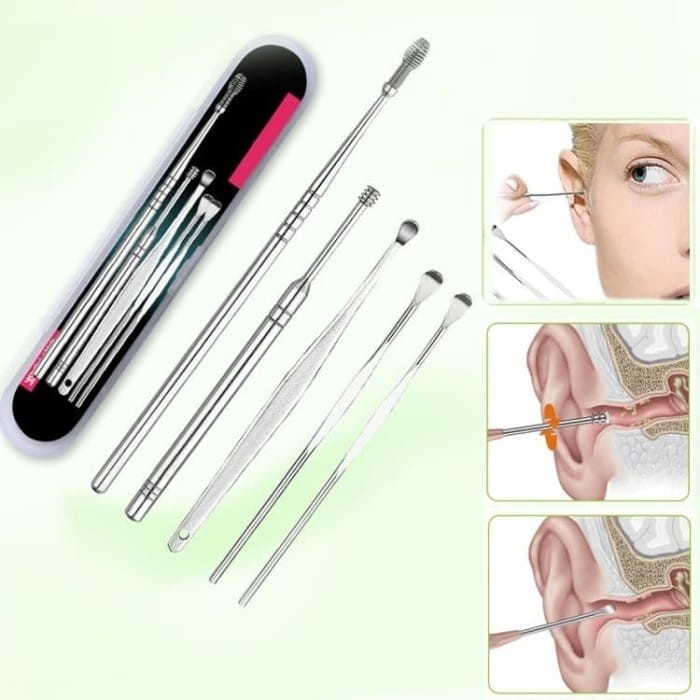 Pembersih Telinga Kuping Stainless Steel Ear Wax Set Plus Kuas 6 In 1