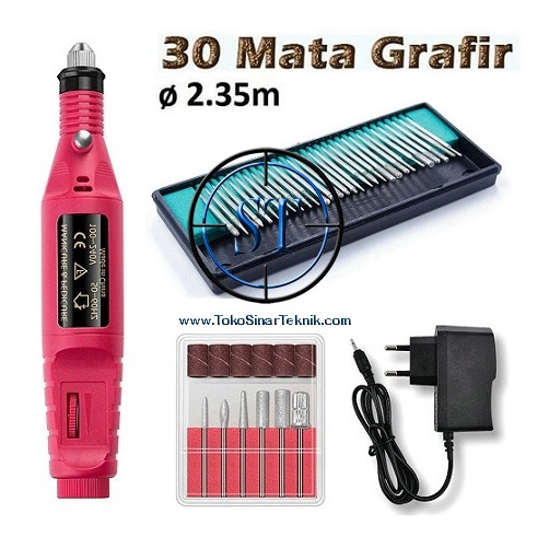 Bor Mini Grinder Grafir Electric Polishing Machine Drill Nail Care + 30 Mata Ukir Diamond Paralon Akrilik PCB Manicure