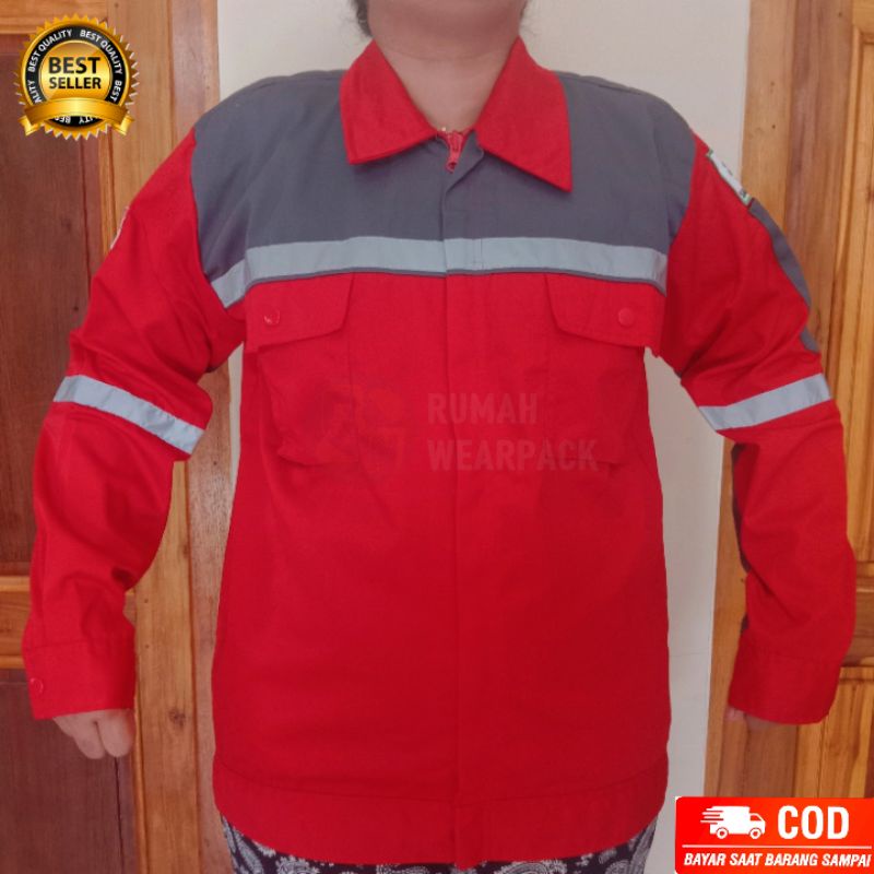 Baju Kerja/ Wearpack Proyek/ Kemeja Kerja Lengan Panjang Atasan Merah Kombinasi Abu Tua