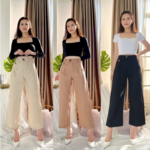 Highwaist Kulot Linen Pants - Variasi Tutup Saku - Pinggang Belakang Karet