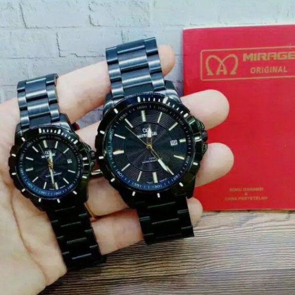 Jam Tangan Couple Mirage Original 8549 Full Hitam Garansi Resmi Water Resistant 3 ATM