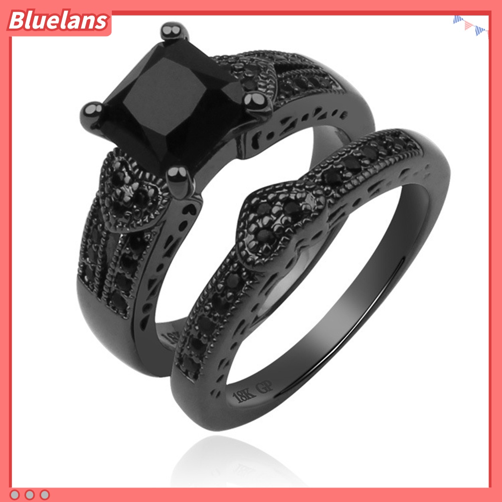 2pcs / Set Cincin Cubic Zircon Warna Hitam Untuk Pria Dan Wanita