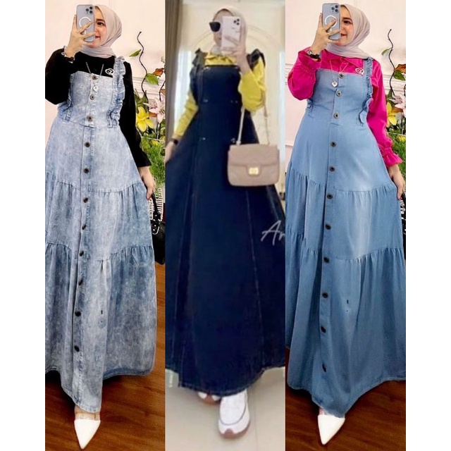 READYSTOCK SET GAMIS OVERALL JEANS/SET DRESS ROMPI JEANS PREMIUM IMPORT REALPICT
