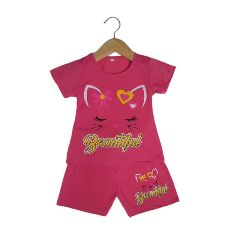 SETELAN SIKUNING PAKAIAN BAJU ANAK PEREMPUAN 2-7 TAHUN MOTIF CAT CUTE BEUTIFFUL