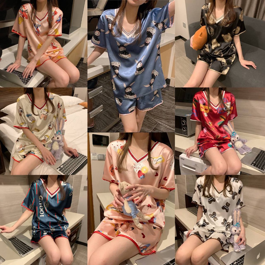 piyama satin wanita / baju tidur wanita satin / setelan tidur wanita lengan pendek bahan satin premi
