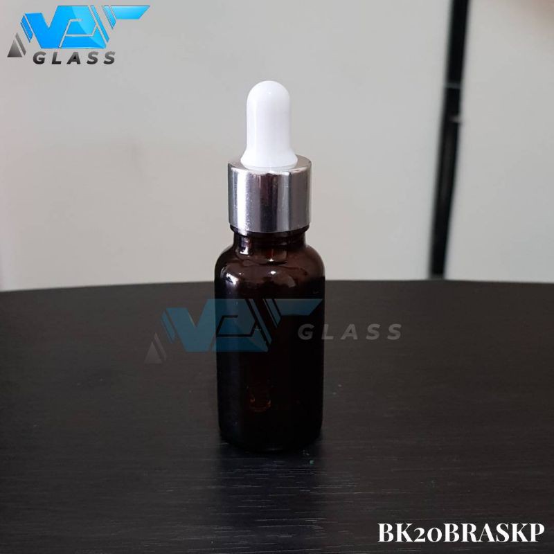 botol kaca pipet 20ml coklat / amber tebal - ring almunium silver