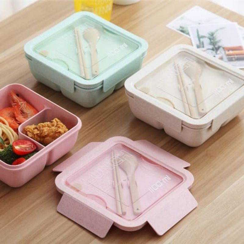 0Kotak Makan Transparant Bento Box 1100ml / Tempat Makan Lunch Box BPA/Jerami