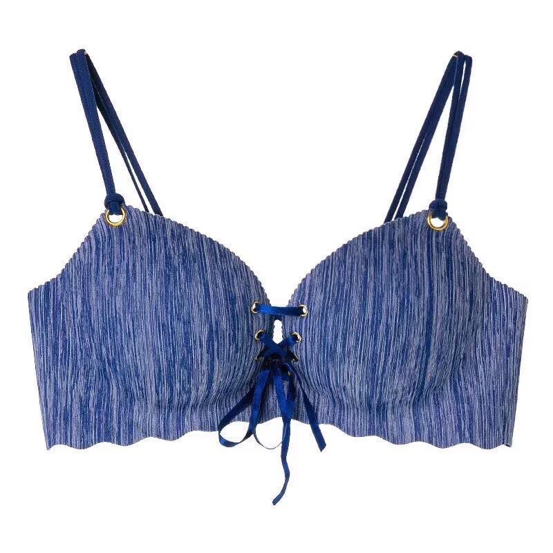 miss Hot Sale Bra Wanita Model Tanpa Kawat Dengan Bahan Halus Dan Hiasan Renda Sexy push-up-bra-113 Biru