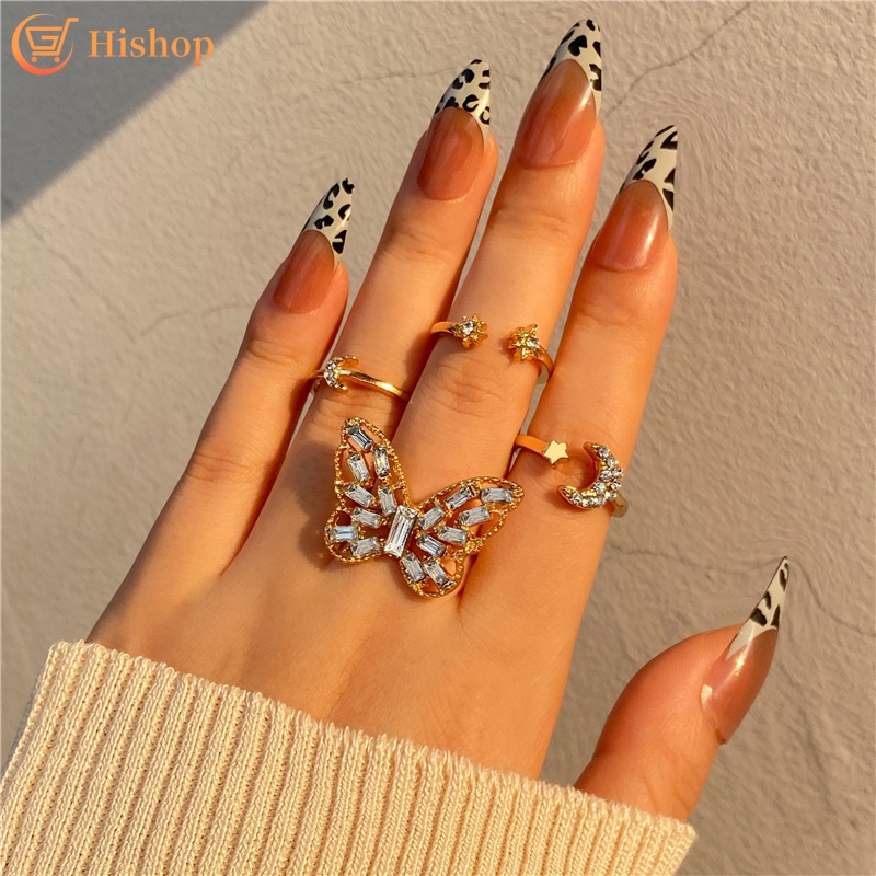 5pcs / Set Cincin Adjustable Desain Kupu-Kupu Bulan Bintang Aksen Kristal Warna Emas Untuk Wanita