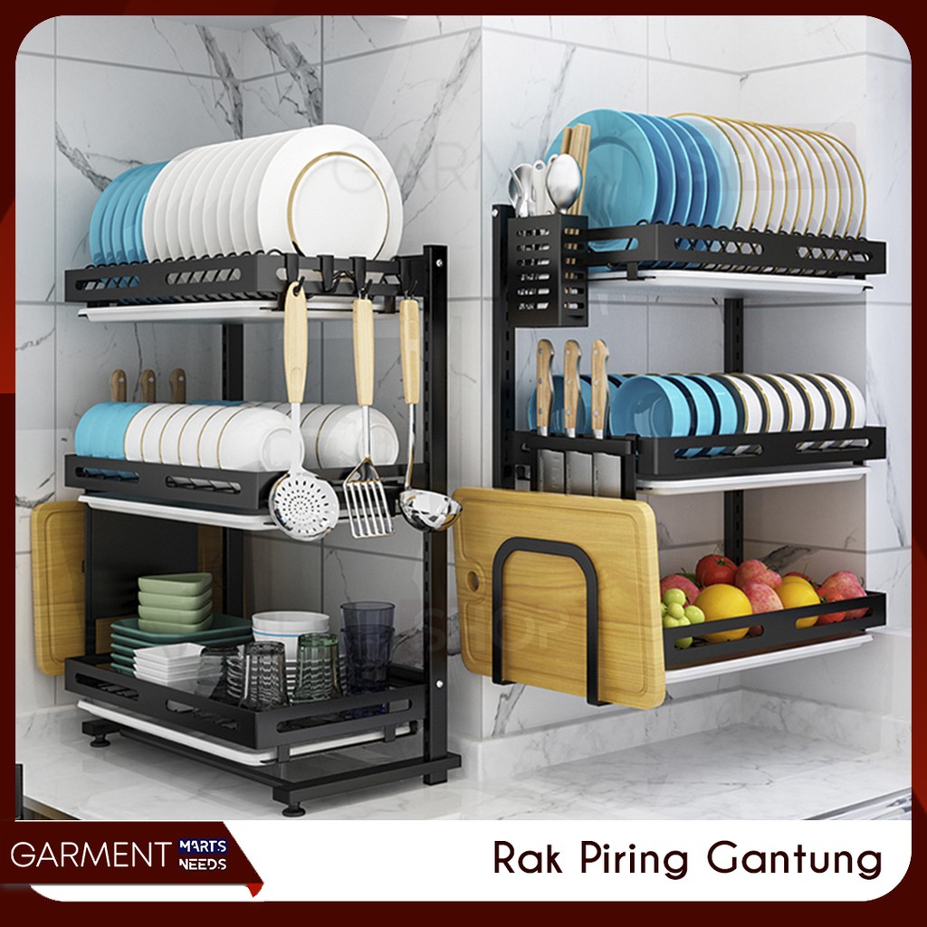 Jual Rak Piring Gantung Tempel Dinding Stainless Steel Hitam Kuat Premium Bagus Anti Karat 5519