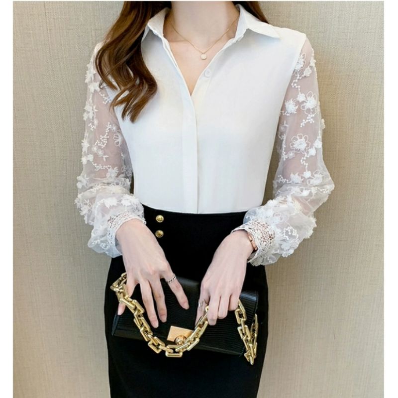 MDLV ~ 8651 Dellaney Lce Shirt Atasan Blouse Combi Lace Baju korea Combi Renda Rajut Fashion Import