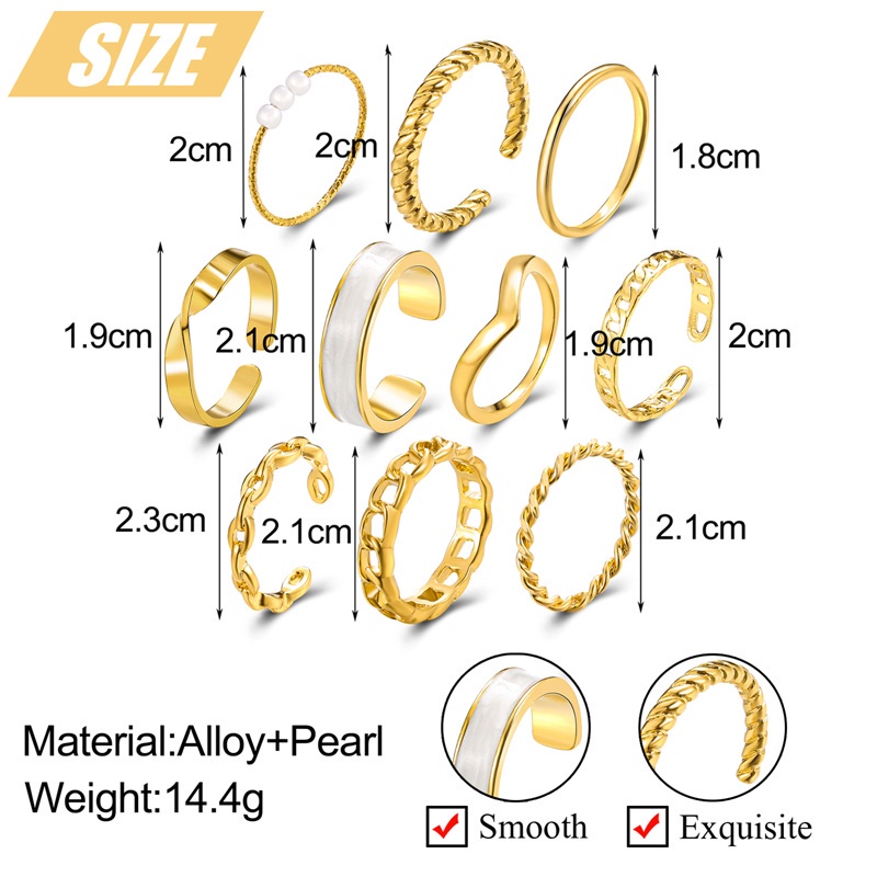 Fancyqube 10pcs / Set Cincin Rantai Emas Geometris Gaya Hip Hop Punk Untuk Wanita