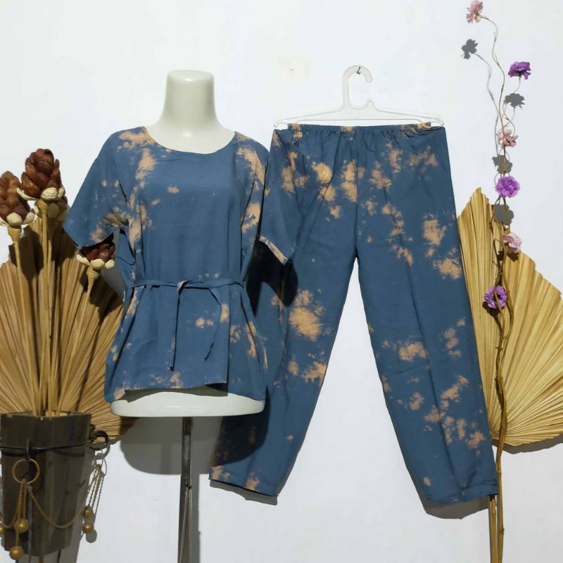 PREMIUM BAJU TIDUR PIYAMA PAJAMAS ONE SET RAYON VISCOSE TIE DYE MOTIF-Teddy 12