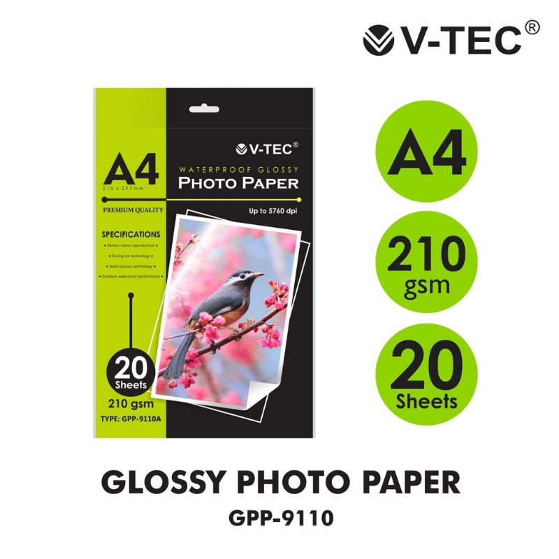 

Kertas foto Glossy V-TEC A4 210gsm (20 lembar)