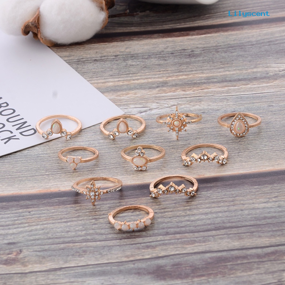 10pcs / Set Cincin Buku Jari Aneka Bentuk Aksen Berlian Imitasi Untuk Wanita