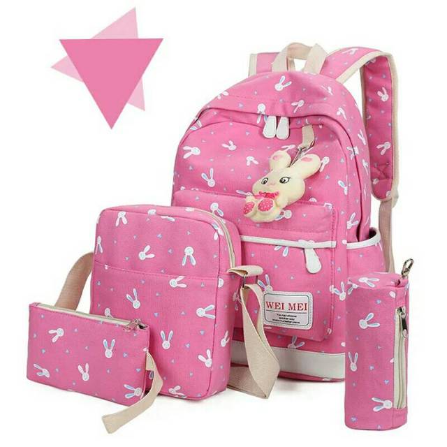 Tas Ransel Anak Sekolah Karakter Bag Backpack Lucu Motif Cartoon Kelinci Cute 4in1 Set