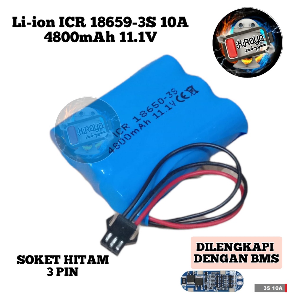 Baterai Speaker Bluetooth/ Batrai RC 3X Li-ion 18650-3S BMS 10A 4800mAh 11.1V Soket Hitam 3 Pin