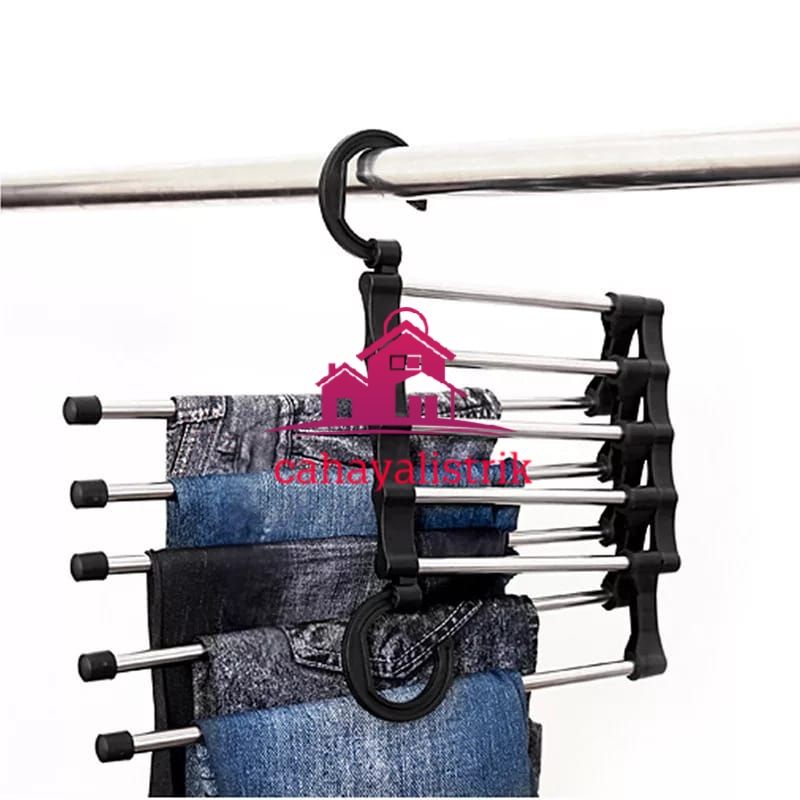 Hanger Stainless 5 in 1 Trousers Gantungan Baju Celana Jilbab Syal Pakaian 5in1 Stenlis