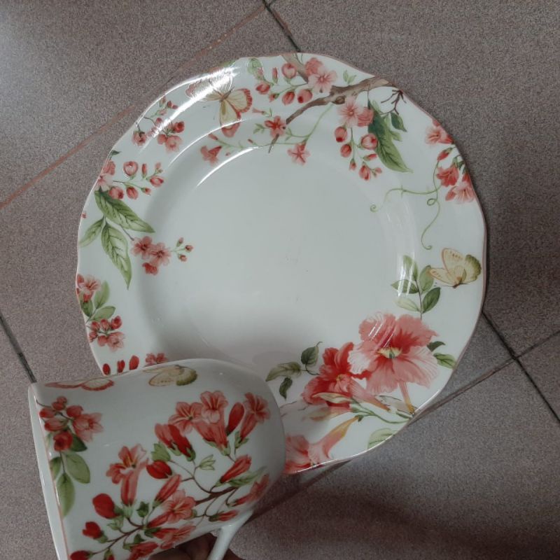 [SET ISI 2] FLOWER DINNER PLATE N MUG GELAS PIRING KERAMIK SANGO MOTIF BUNGA PASTEL SHABBY KOLEKSI D