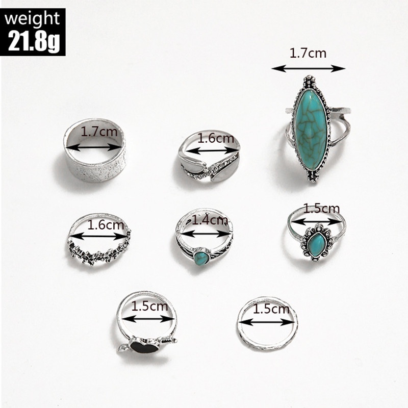 8pcs / Set Cincin Panjang Desain Totem Hati Warna Hitam Turquoise Gaya Retro Untuk Wanita