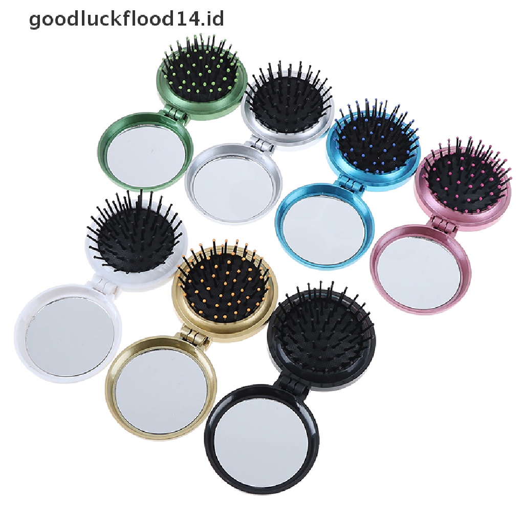 [OOID] Folding massage comb hair brush with mirror compact travel pocket comb ID