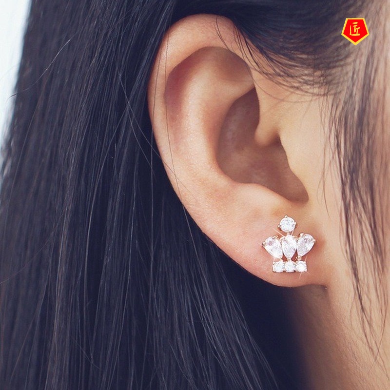 [Ready Stock]New Diamond 925 Silver 18K Rose Gold Crown Stud Earring