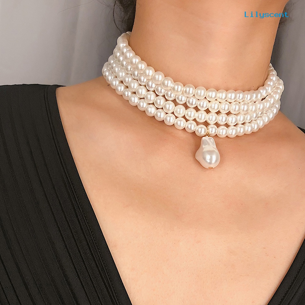 Kalung Choker Multilayer Aksen Mutiara Imitasi Untuk Wanita