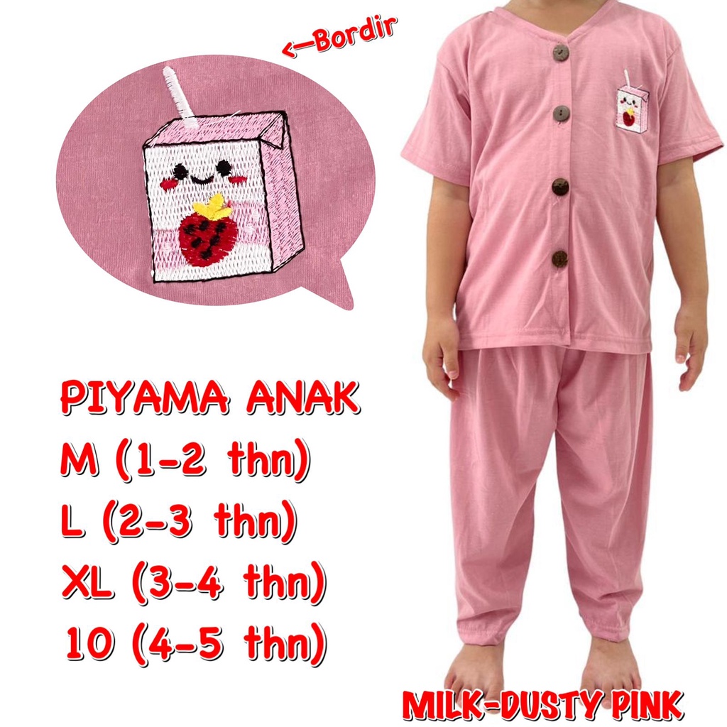 (1 KG MUAT 6 STEL) BAJU TIDUR ANAK KIDS PEREMPUAN/CEWEK SETELAN/STELAN BAHAN KAOS KATUN CP KANCING BORDIR MILK/SUSU STRAWBERRY DUSTY PINK